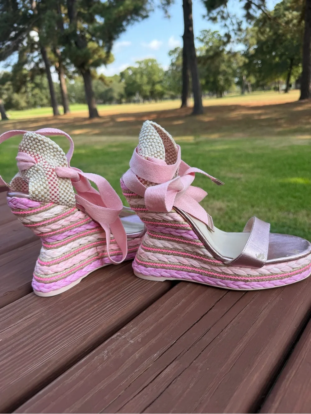 Sophia Webster Lucita Pink Metallic Raffia Wedge Sandals EU 39 US 8.5